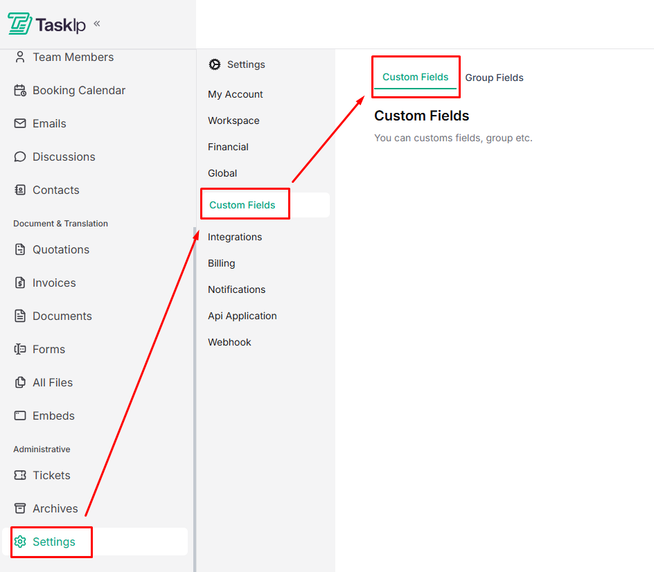 Taskip custom fields setting