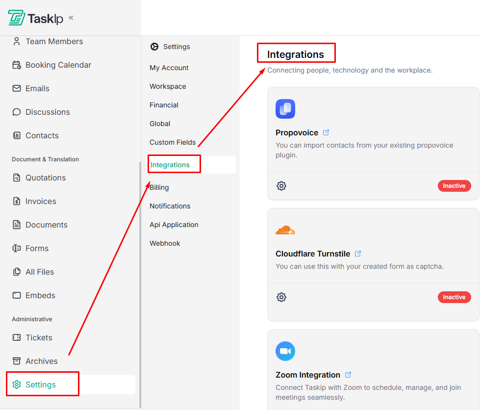 Navigating taskip integration settings
