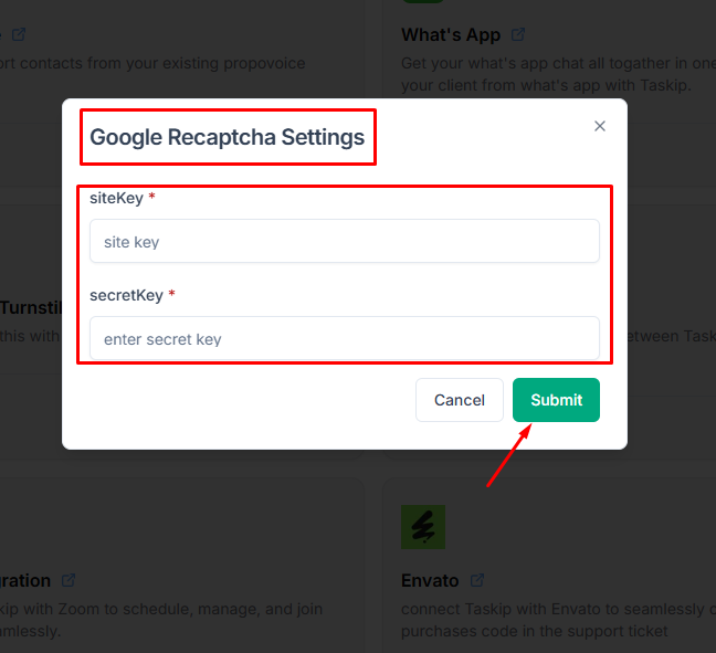 taskip integration settings
