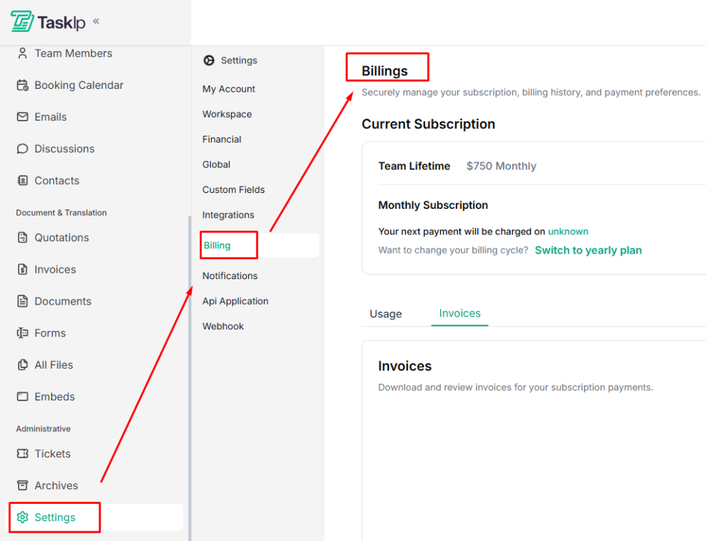 navigating Taskip billing settings