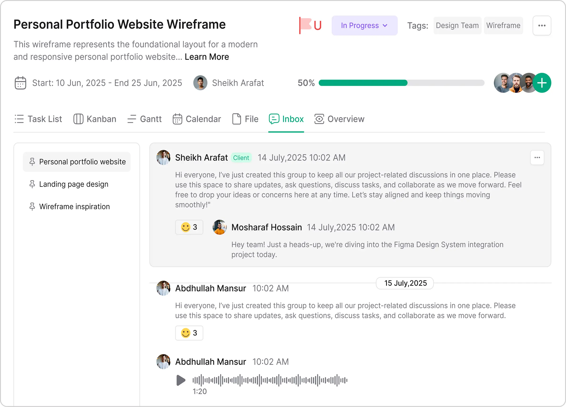 Communicate in context with the project inbox