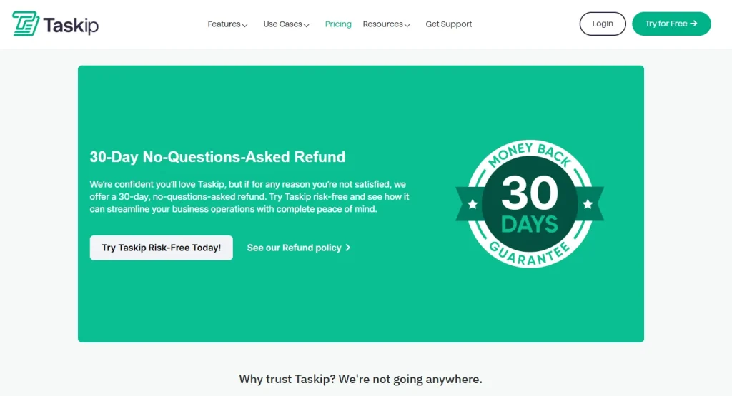 Taskip 30-day refund policy
